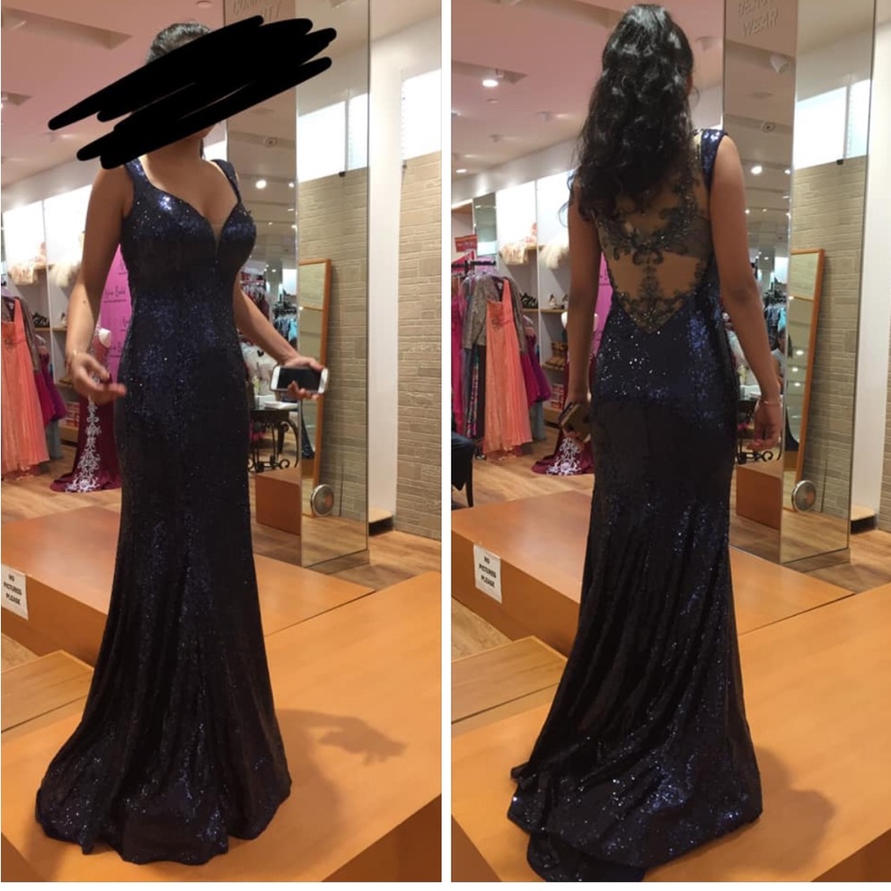 Elegant Navy Blue Sequin Evening Gown